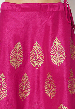 Golden Printed Art Dupion Silk Skirt in Fuchsia