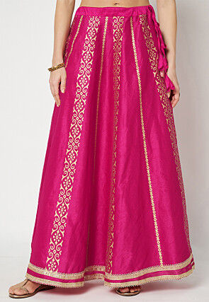 Golden Printed Art Dupion Silk Skirt in Fuchsia
