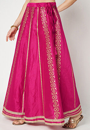 Golden Printed Art Dupion Silk Skirt in Fuchsia