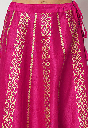 Golden Printed Art Dupion Silk Skirt in Fuchsia