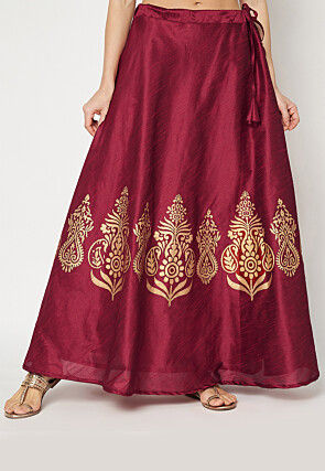 Golden Printed Art Dupion Silk Skirt in Maroon