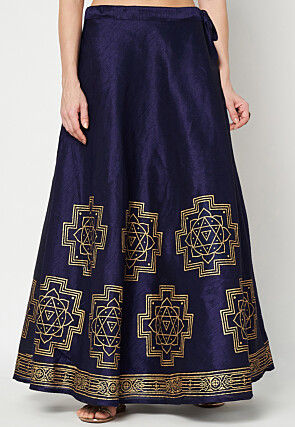 Golden Printed Art Dupion Silk Skirt in Navy Blue