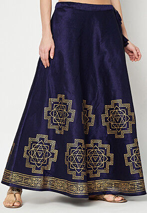 Golden Printed Art Dupion Silk Skirt in Navy Blue