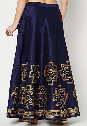 Golden Printed Art Dupion Silk Skirt in Navy Blue