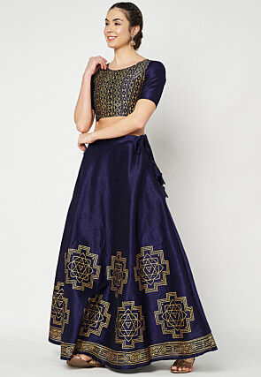 Golden Printed Art Dupion Silk Skirt in Navy Blue