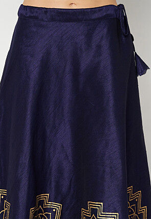 Golden Printed Art Dupion Silk Skirt in Navy Blue