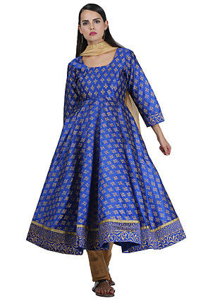 Golden Printed Art Silk A Line Suit in Blue
