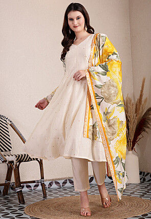 Golden Printed Art Silk A Line Suit in Cream