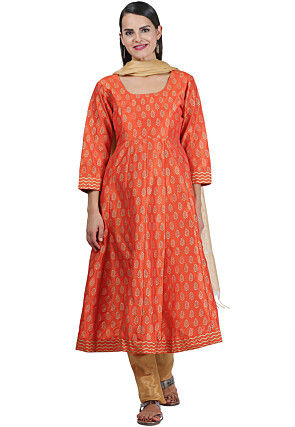 Golden Printed Art Silk A Line Suit in Orange