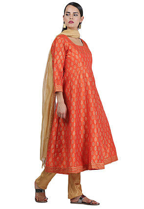 Golden Printed Art Silk A Line Suit in Orange