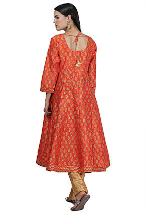 Golden Printed Art Silk A Line Suit in Orange