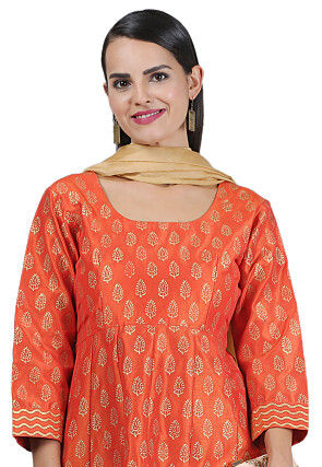 Golden Printed Art Silk A Line Suit in Orange