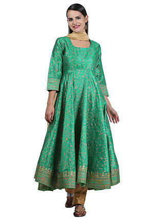 Golden Printed Art Silk A Line Suit in Teal Green