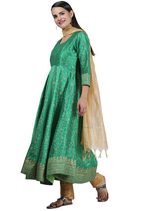 Golden Printed Art Silk A Line Suit in Teal Green