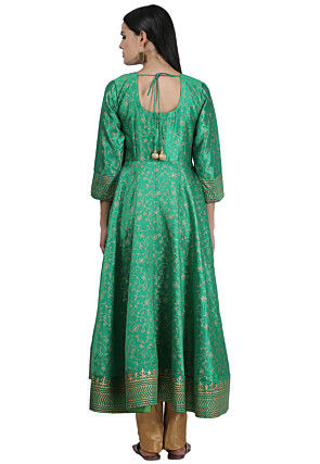 Golden Printed Art Silk A Line Suit in Teal Green