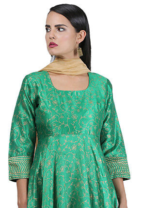 Golden Printed Art Silk A Line Suit in Teal Green