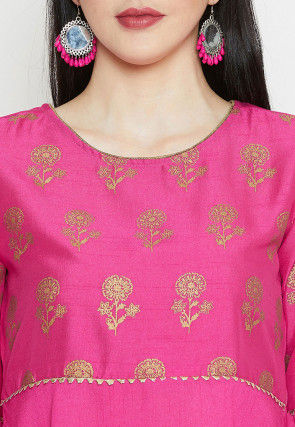 Golden Printed Art Silk A Line Top in Pink