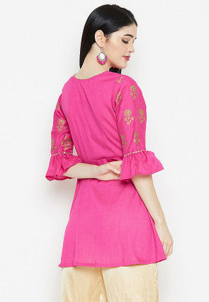 Golden Printed Art Silk A Line Top in Pink
