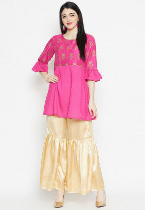 Golden Printed Art Silk A Line Top in Pink