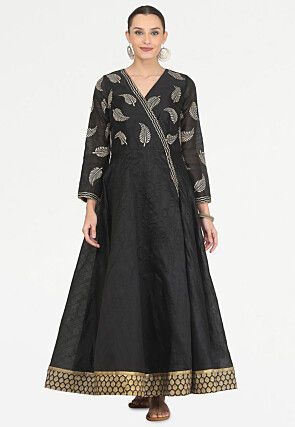 Golden Printed Art Silk Angrakha Style Kurta in Black