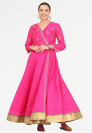 Golden Printed Art Silk Angrakha Style Kurta in Fuchsia