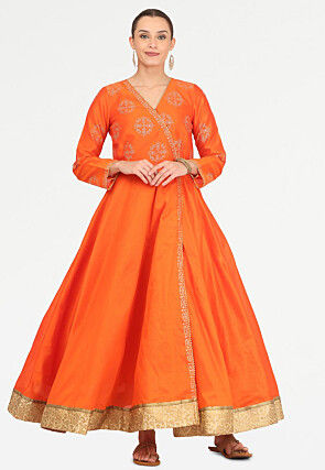 Golden Printed Art Silk Angrakha Style Kurta in Orange