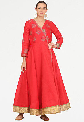Golden Printed Art Silk Angrakha Style Kurta in Red