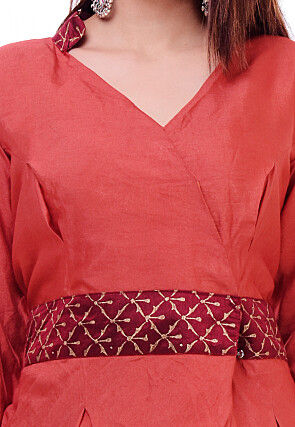 Golden Printed Art Silk Angrakha Style Tunic in Rust