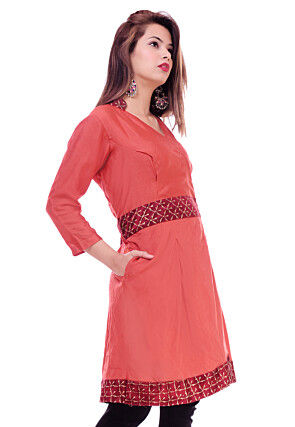 Golden Printed Art Silk Angrakha Style Tunic in Rust