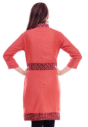 Golden Printed Art Silk Angrakha Style Tunic in Rust
