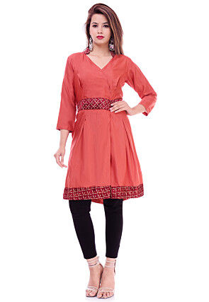 Golden Printed Art Silk Angrakha Style Tunic in Rust