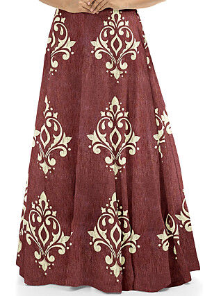 Golden Printed Art Silk Circular Skirt in Brown