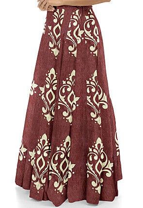 Golden Printed Art Silk Circular Skirt in Brown