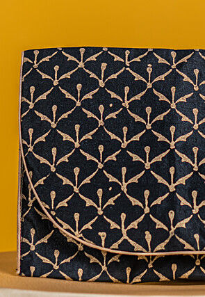 Golden Printed Art Silk Clutch Bag in Black