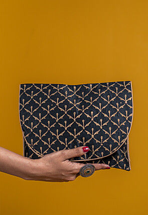 Golden Printed Art Silk Clutch Bag in Black