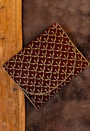 Golden Printed Art Silk Clutch Bag in Maroon