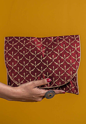 Golden Printed Art Silk Clutch Bag in Maroon