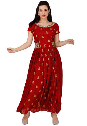 Golden Printed Art Silk Flared Gown in Maroon
