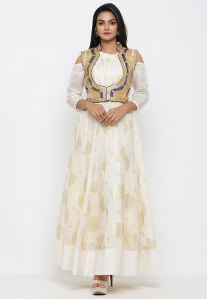 Golden Printed Art Silk Gown with Jacket in Off White