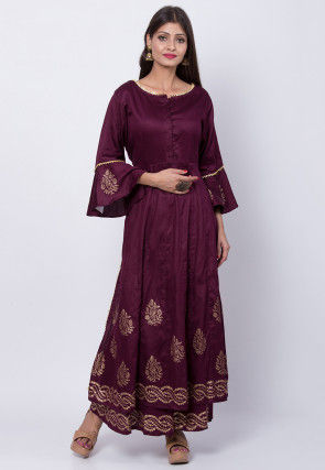 Golden Printed Art Silk Kurta with Palzzo in Wine