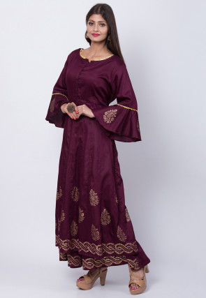 Golden Printed Art Silk Kurta with Palzzo in Wine