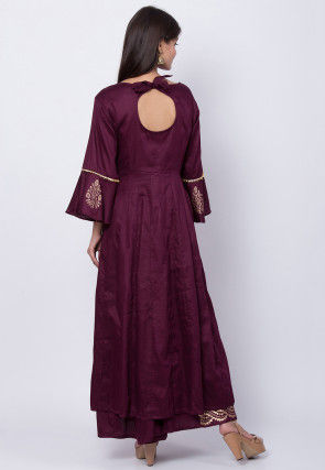 Golden Printed Art Silk Kurta with Palzzo in Wine