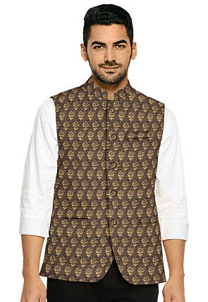 Golden Printed Art Silk Nehru Jacket in Light Brown