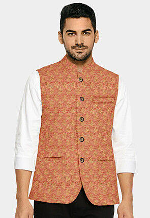Golden Printed Art Silk Nehru Jacket in Peach