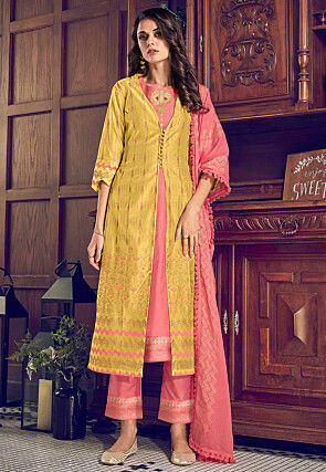 Golden Printed Art Silk Pakistani Suit in Pink