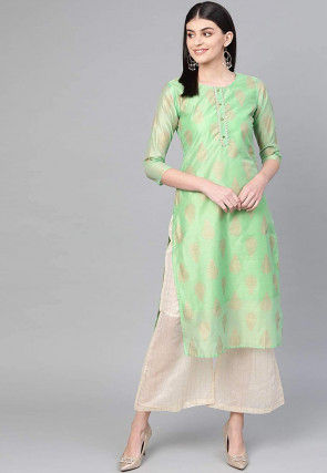 Golden Printed Chanderi Cotton Straight Kurta Set in Green
