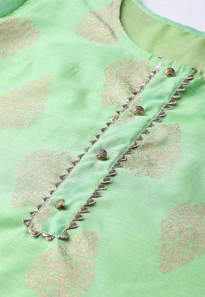Golden Printed Chanderi Cotton Straight Kurta Set in Green