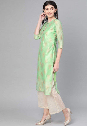 Golden Printed Chanderi Cotton Straight Kurta Set in Green