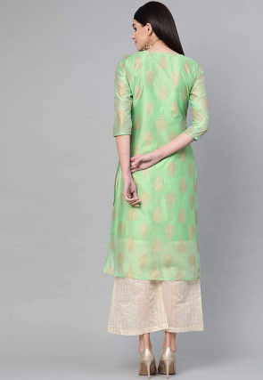 Golden Printed Chanderi Cotton Straight Kurta Set in Green