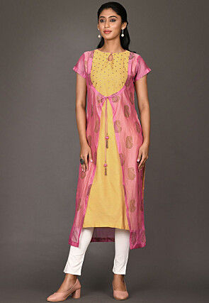 Golden Printed Chanderi Silk Straight Kurta in Pink and Yellow